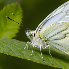 Macro shot white butterfly on a leaf outdoors