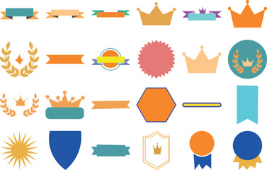 Collection of Colorful Vector Graphics Banners Shields Crowns and Seals for Design and Decoration with Simple Flat Shapes