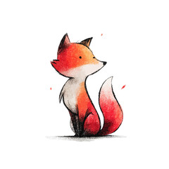 Cute watercolor style fox illustration. Adorable woodland animal, cartoon red fox sitting, isolated on white background. Charming wildlife art.