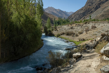 Mountain river in Fann mountains Pamir Alay range in Tajikistan