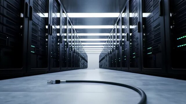 fixed, low-angle wide video captures an ultra-modern data center corridor. towering black server racks with vibrant green, blue lights & reflective floor under led. high-tech infrastructure concept