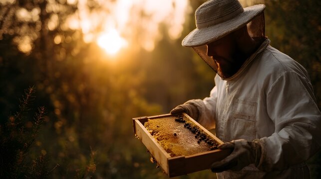 Beekeeper in protective suit examines a golden honeycomb teeming with bees at sunset in nature