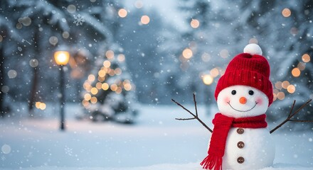 A cheerful snowman with a red hat, scarf, and carrot nose, stands in a snowy park