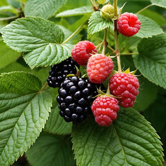 Raspberries and blackberries are among the leaves of a plant