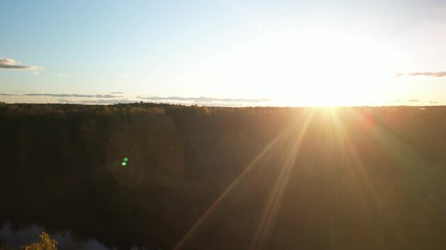 Aerial ascending looking through pine trees at sunset in Muskoka Lake district in Ontario Canada