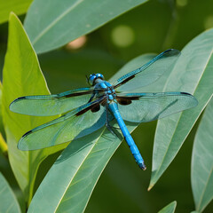 Selective focus shot of a blue dragonfly on the green leaf