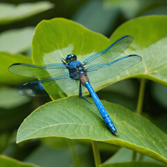 Selective focus shot of a blue dragonfly on the green leaf