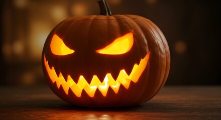 Obraz premium A carved pumpkin with an evil grin and glowing eyes sits on a wooden surface