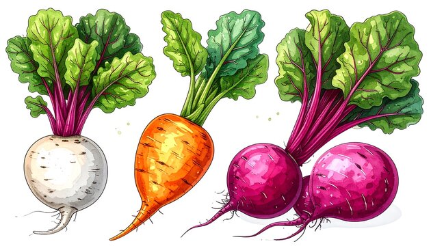 Colorful illustration of three different types of beets with their green tops
