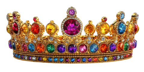 Ornate gold crown inlaid with many colorful jewels