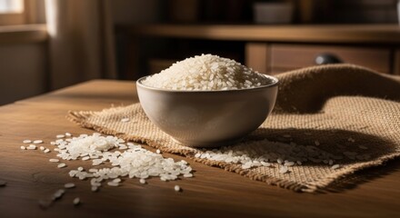 Bowl overflowing with white rice grains on burlap atop a wood table