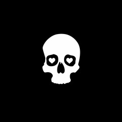 White skull with heart-shaped eyes on black background