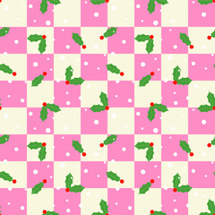 Colorful Christmas seamless pattern.Checkered plaid with holly leaves, red berries and snow repeat pattern in green pink white.Cute Xmas background with squares.Vector graphic wallpaper.