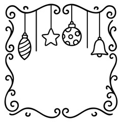 Black and white Christmas frame with festive ornaments and decorations, elegant holiday vector line art for seasonal greeting card or winter design with copy space
