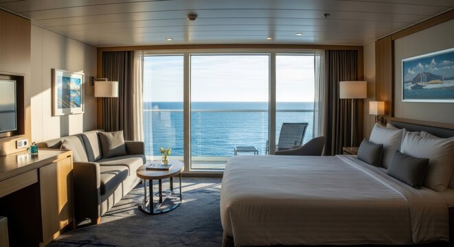 Fototapeta Bright cabin on cruise ship with ocean view from balcony
