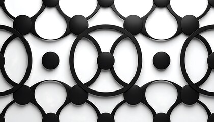 A graphic design showcasing a geometric pattern. Black circular shapes, joined together, create a repeating, interconnected design against a white background