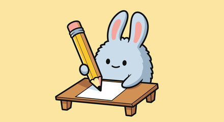 Adorable bunny drawing with a pencil at a wooden desk, perfect for children's books, educational materials, and cute stationery designs