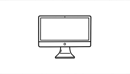 A minimalist black and white line drawing of a desktop computer. A large rectangular screen, thin frame, base