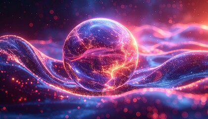 A glowing sphere pulsating with energy rests atop undulating, fluid lines, the scene awash in cosmic dust and fiery gradients