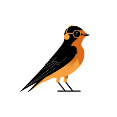 A small bird with orange chest and black wings wears headphones and glasses