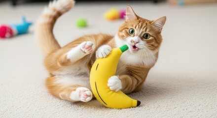 Orange tabby cat playing with a banana shaped toy on carpet