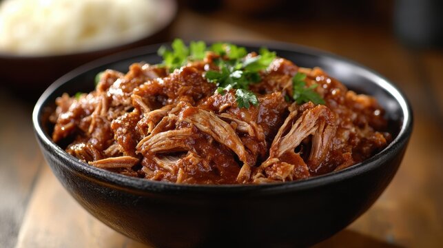 Delicious pulled pork in savory sauce garnished with fresh parsley