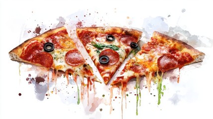 Creative watercolor pizza art with pepperoni, olives, and cheese. National Pizza Month