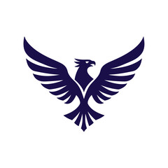 Obraz premium Stylized dark blue eagle or hawk flying with spread wings. Majestic bird of prey graphic silhouette icon, symbolizing strength and freedom.