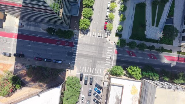 Cars, trucks and trailer movement in downtown Austin, Texas. A true representation of a typical day in the capital's urban core. Aerial drone 4k view