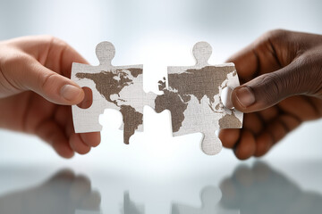 Two hands different ethnicities connecting world puzzle pieces partnership unity collaboration global concept