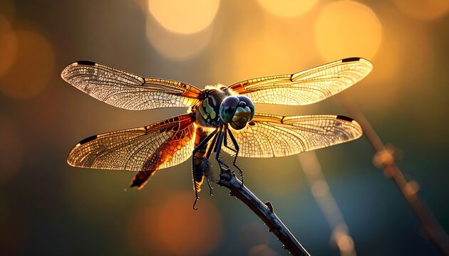 A macro shot of a dragonfly with translucent wings, perched on a thin twig. The sunlight shines through, creating a warm, soft glow