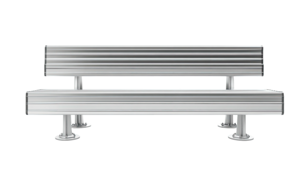 Metallic park bench with backrest, horizontal slats, on a black background - Powered by Adobe