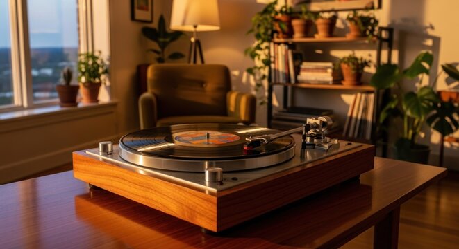 Cozy home turntable, plants, sunlight - Powered by Adobe