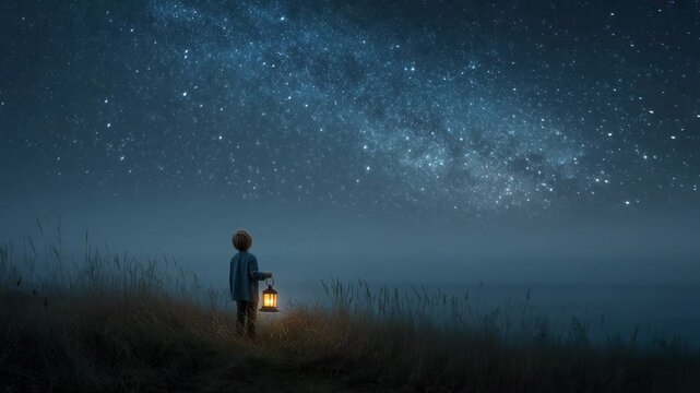 Child holding lantern gazing at starry night sky over calm water and grassy landscape