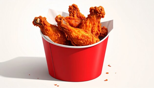 Fried chicken in red paper bucket isolated on white background. Crispy fried chicken wings in paper box.