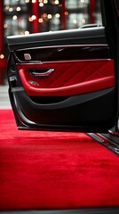 Obraz premium Luxury Car Interior Detail: Open Door with Red Leather Quilted Upholstery and Red Carpet, Automotive Elegance