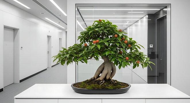 Bonsai ficus microcarpa ginseng on a white table in a modern office