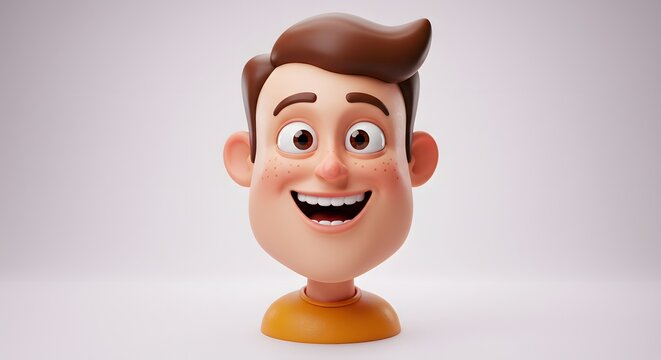 A cheerful, cartoonish boy's head with a wide smile, freckles, and brown hair against a white backdrop - Powered by Adobe