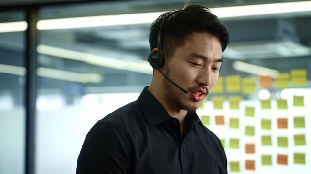 Young, handsome asian man in black shirt, headset, speaking, smiling, gesturing in modern office with blurred sticky notes, cinematic medium video. Concept of engaging customer service