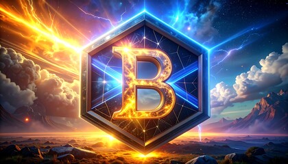 A glowing, stylized "B" icon within a geometric frame, illuminated by radiant energy against a dynamic cosmic scene