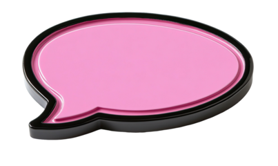 Glossy pink speech bubble with black outline, angled perspective on black background