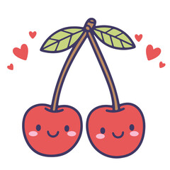 Cartoonish style drawing of two red cherries with faces and small red hearts surrounding them