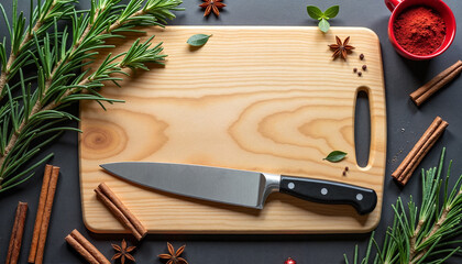Recipe card with rosemary, star anise, cinnamon, paprika on wooden cutting board, copy space