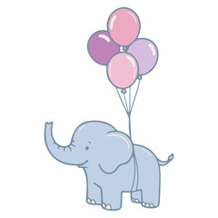Cartoon elephant holding a bunch of pink and purple balloons tied to its tail in a cute illustration