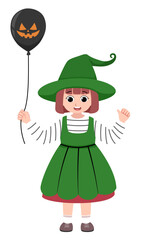 Cute Green Witch Girl Holding Halloween Balloon