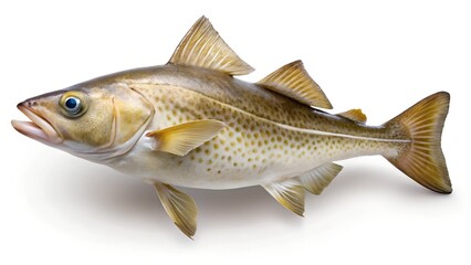A whole fresh cod fish with its mouth open and fins spread against a white background