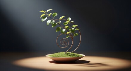 Minimalist Green Plant Growing from a Spiral Structure in a Spotlight.
