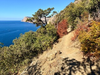 fantastic blue seascape, rocky sea coast, blue sea and blue sky