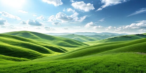 Lush Green Rolling Hills Under Bright Blue Sky with Fluffy Clouds