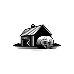A simple barn with a rolled hay bale beside it, symbolizing rustic countryside life and harvest season in a clean minimalist style.
